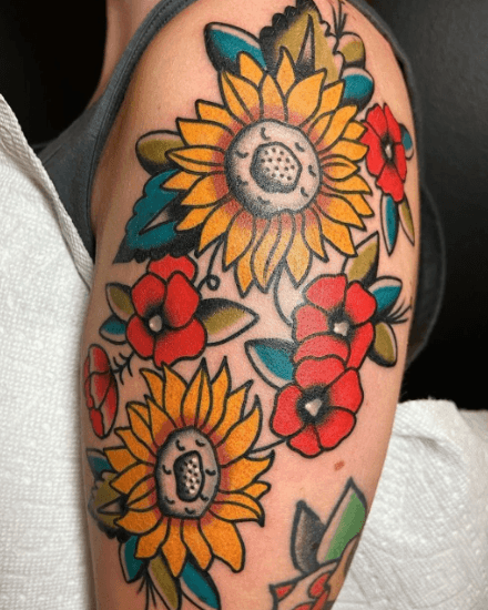 A tattoo of 2 sunflowers.