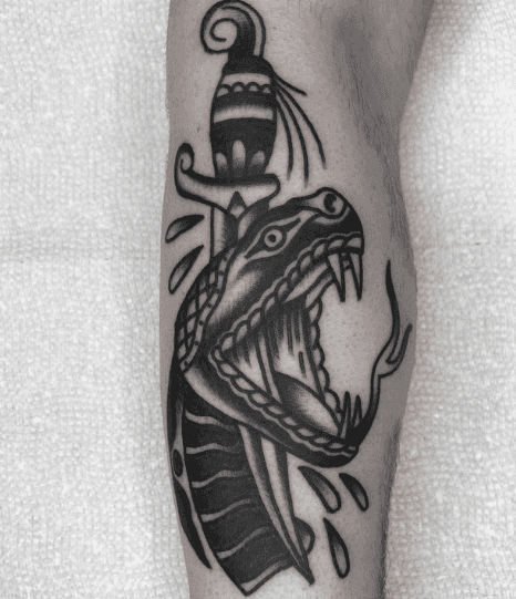 A tattoo of a dagger piercing the head of a snake.