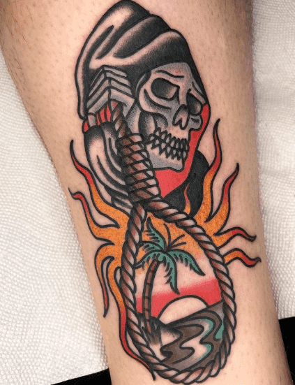 A tattoo of a tropical island framed by a noose, and the noose is held by the grim reaper.